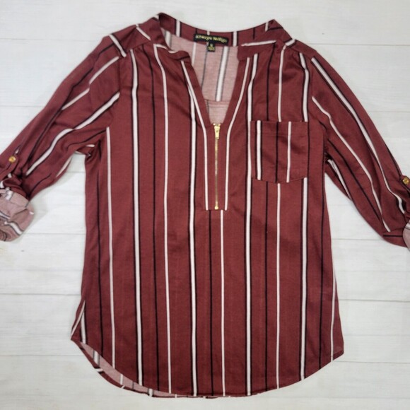 ALWAYS INDIGO Womens Red Stripe Zip Front Blouse Size Small - Picture 1 of 7